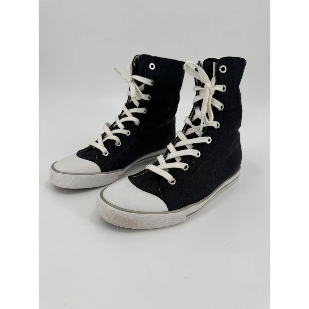 Coach Womens Black Signature Jacquard High Top Sneakers Silver Trim Size 9